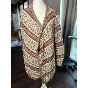 J‎ Jill Cardigan Sweater M Tan Red Chunky Knit Wool Alpaca Over Sized Holiday